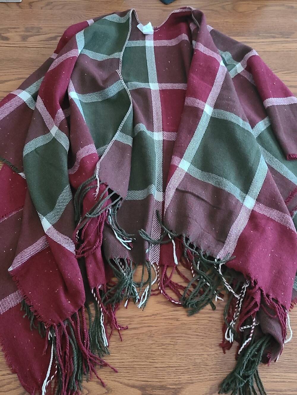 Pinklicious Plaid Fringe Poncho Wrap in Olive & Burgundy